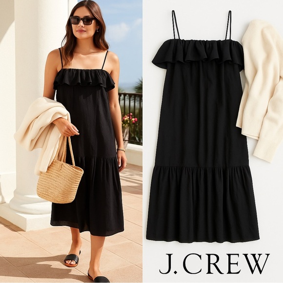 J. Crew Dresses & Skirts - J.Crew,Year-Round Black Cotton Off-Shoulder Ruffle Tiered Midi Dress, Size XS